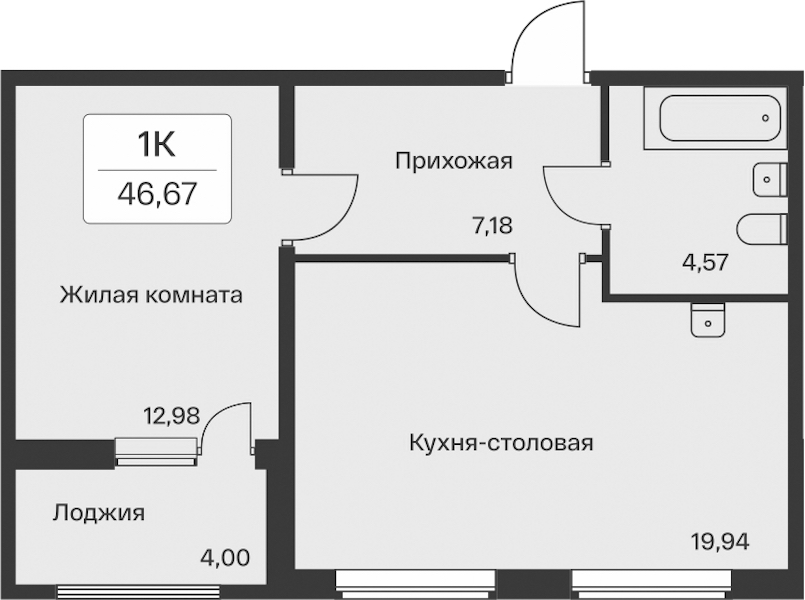 1-комнатная квартира 46.67 м², 4/11 эт., ЖК «Расцветай в Янино»